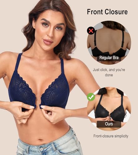 Image of HACI Women's Front Closure Bra Underwire Unpadded T-Back Plus Size Lacy Full Coverage Racerback T-Shirt Unlined