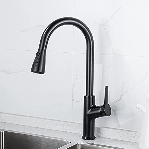 Robinet de cuisine extractible noir et mitigeur en laiton brossé doré pour évier