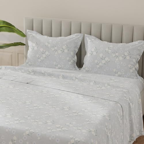 Image of Layers 100% Cotton Bedsheet for King Size Bed | Lumina Floret Collection | 144 TC Soft & Breathable | Printed with 2 Pillow Covers | Wrinkle Free & Colorfast | 3 Piece Bedding Set - Grey