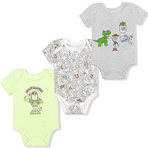 Disney Toy Story Woody, Buzz Lightyear, Green Aliens and Rex Boys’ 3 Pack Bodysuit for Newborn – Green/Grey/White