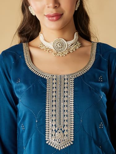 Image of MOKOSH Women's Muslin Embroidered Kurta Pant Dupatta Set (440-DM)