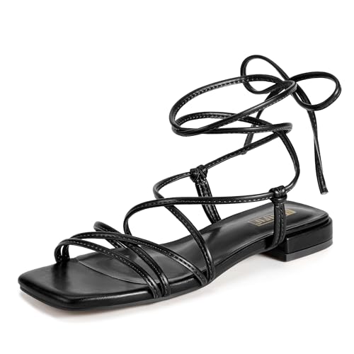 Image of IDIFU Strappy Lace Up Flat Sandals for Women Tie Up Square Open Toe Ankle Wrap Straps Dressy Gladiator Summer Beach Wedding Party Ladies Comfortable Cute Casual Dress Sandals