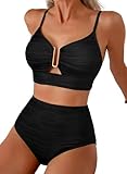 Herseas Women Popular Swimsuits Two Piece U-Wired Push up Ribbed Ruched High Rise Bikini Sets Longline Modest Solid Flattering Swim Suit Cruise Essentials 2026 Summer Black Large