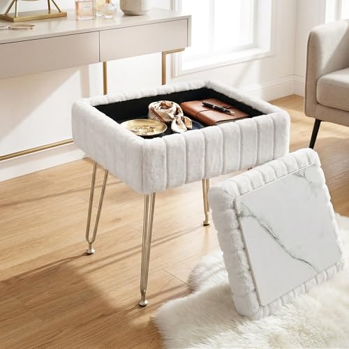 Artiss Storage Ottoman Vanity Rest Foot Stool Vanity Toy Box, Faux Fur, Flip Lid Table, for Home Decor Bedroom Hallway Office Living Room, 41cm, White