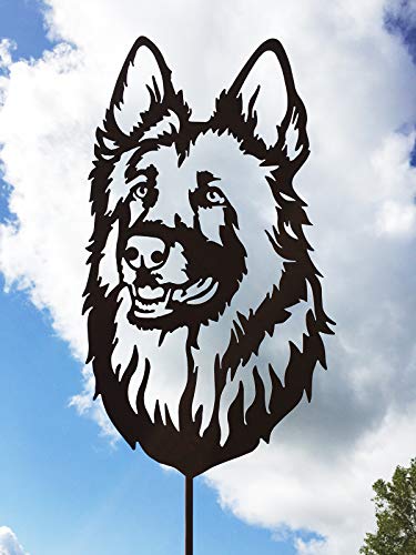 Steinfigurenwelt Schäferhund Kopf Edelrost Gartenstecker