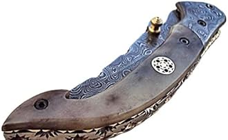 Poshland Limited Edition - FNA-32 Custom Handmade Damascus Steel Folding Knife - Beautiful Camel Bone Handle with Damascus Steel Bolsters (Colored Bone)