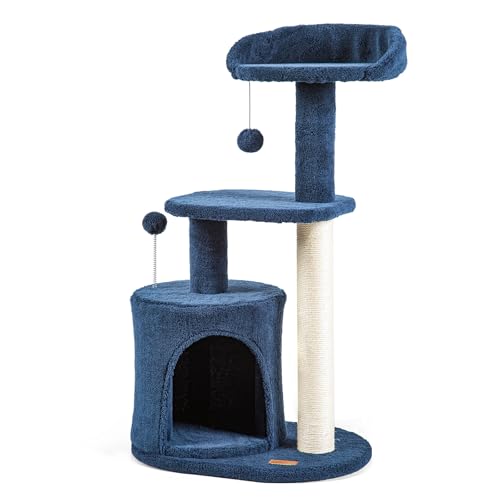 ClevaHome Small Deep Denim Blue Cat Tree for Small Spaces, Kittens, 33.5" Multi-Level Condo with Sisal Scratching Post, Plush Perches & Interactive Pompom Toy for Indoor Cats