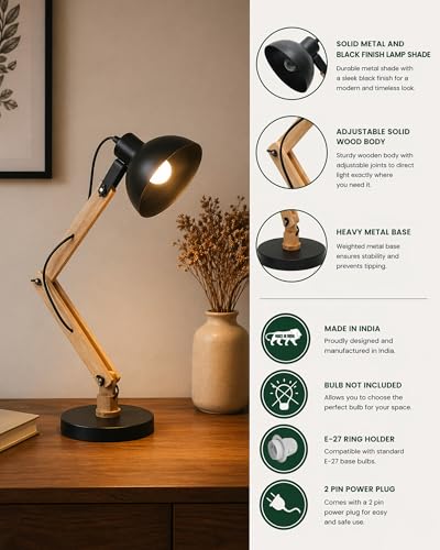 Image of Homesake Wood Study Lamp, Desk Lamp, Swing Arm Desk Lamps, Adjustable, Study Table Lamp, Reading Lamp for Home, Desk Lamp for Study, Table Lamp for Study Room, Office, Multi-Joint, Black Finish