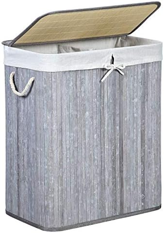 SONGMICS Divided Laundry Basket with Lid, Bamboo Laundry Hamper with 2 Sections, Removable Liners, Cotton Handles, 100L Storage Capacity, for Laundry Room, Bedroom, Distressed Grey LCB74GW