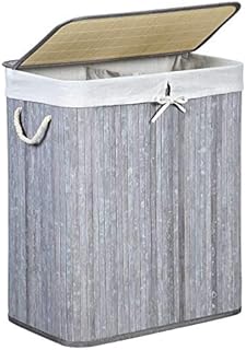 SONGMICS Divided Laundry Basket with Lid, Bamboo Laundry Hamper with 2 Sections, Removable Liners, Cotton Handles, 100L Storage Capacity, for Laundry Room, Bedroom, Distressed Grey LCB74GW