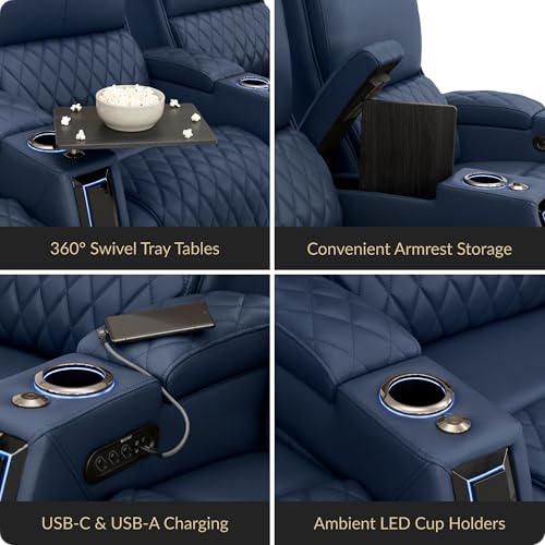 Image of Seatcraft Apex Home Theater Seating Navy Blue Single Recliner | Italian Leather, Wall Hugger, Zero Gravity, Powered Headrest & Lumbar, Power Recline, Zero Gap