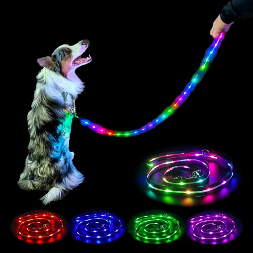 光る レインボーリード 犬 ドッグ リード 光るリード LED ライト ペット 夜間 レインボー (金具M, 120cm)