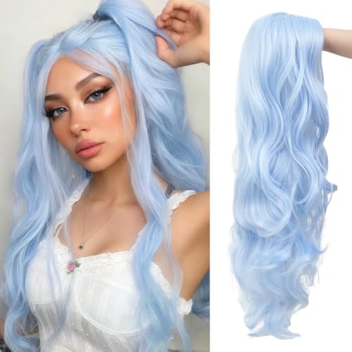 Dai Cloud Long Light Blue Wavy Wig for Women Middle Part Natural Looking Synthetic Fiber Wig for Cosplay Party Halloween Use