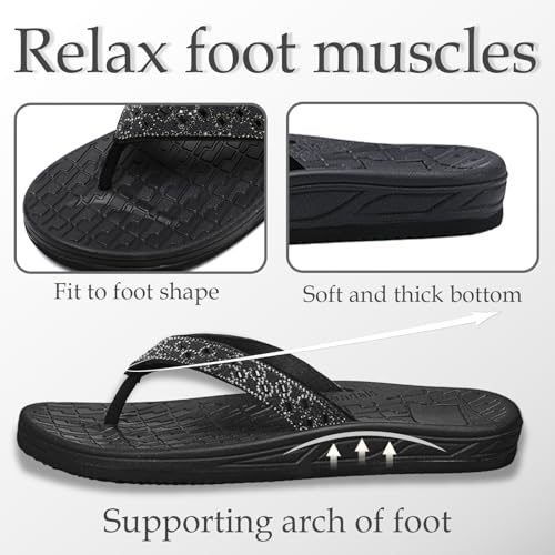 Guyarns Flip Flops Women with Arch Support,Womens Flip Flops with Rhinestone Summer Beach Soft Thick Slides Sandals(Black,6.5) - Image 3
