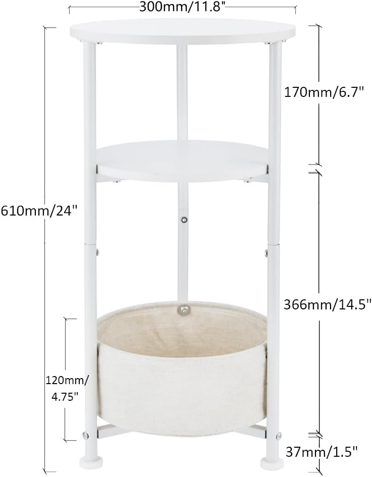 Small Round Side Table with Storage Basket, 3-Tier Narrow End Table Nightstand for Living Room Bedroom, 11.8" Diameter Modern Bedside Table for Small Spaces, Wood Grain & Metal Frame (White)