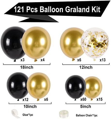 Black and Gold Balloon Arch Kit, 121pcs Black Gold Balloons Garland Arch Kit, Diy Birthday Balloons Arch for Men Boys Birthday Party, Wedding, Graduation Decoration, Anniversary, Retirement, New Year