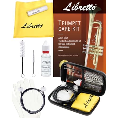 Libretto Trumpet (Cornet) All-Inclusive Cleaning Kit w/Case: Valve Oil+Slide Grease+Cleaning Cloth+Mouthpiece/Valve/Bore Brushes, Instruction,Gloves, Giftable EVA Case. Everything your trumpet needs.