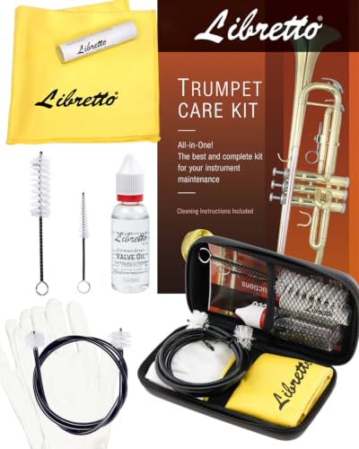 Libretto Trumpet (Cornet) All-Inclusive Cleaning Kit w/Case: Valve Oil+Slide Grease+Cleaning Cloth+Mouthpiece/Valve/Bore Brushes, Instruction,Gloves, Giftable EVA Case. Everything your trumpet needs.