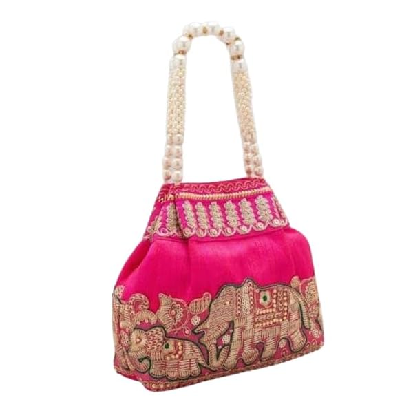 Women's Silk Wedding Potli Bag with Elephant Desgin, Handcraft Potli Bag | Embroidery Red Handbag for Party, Wedding, Festive for Ladies