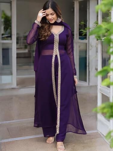 Image of Elegant Women?s Ethnic Kurta Set with Intricate Embroidered Lacework - Designer Kurta with Dupatta & Bottom Wear - Perfect for Weddings & Festive Occasions