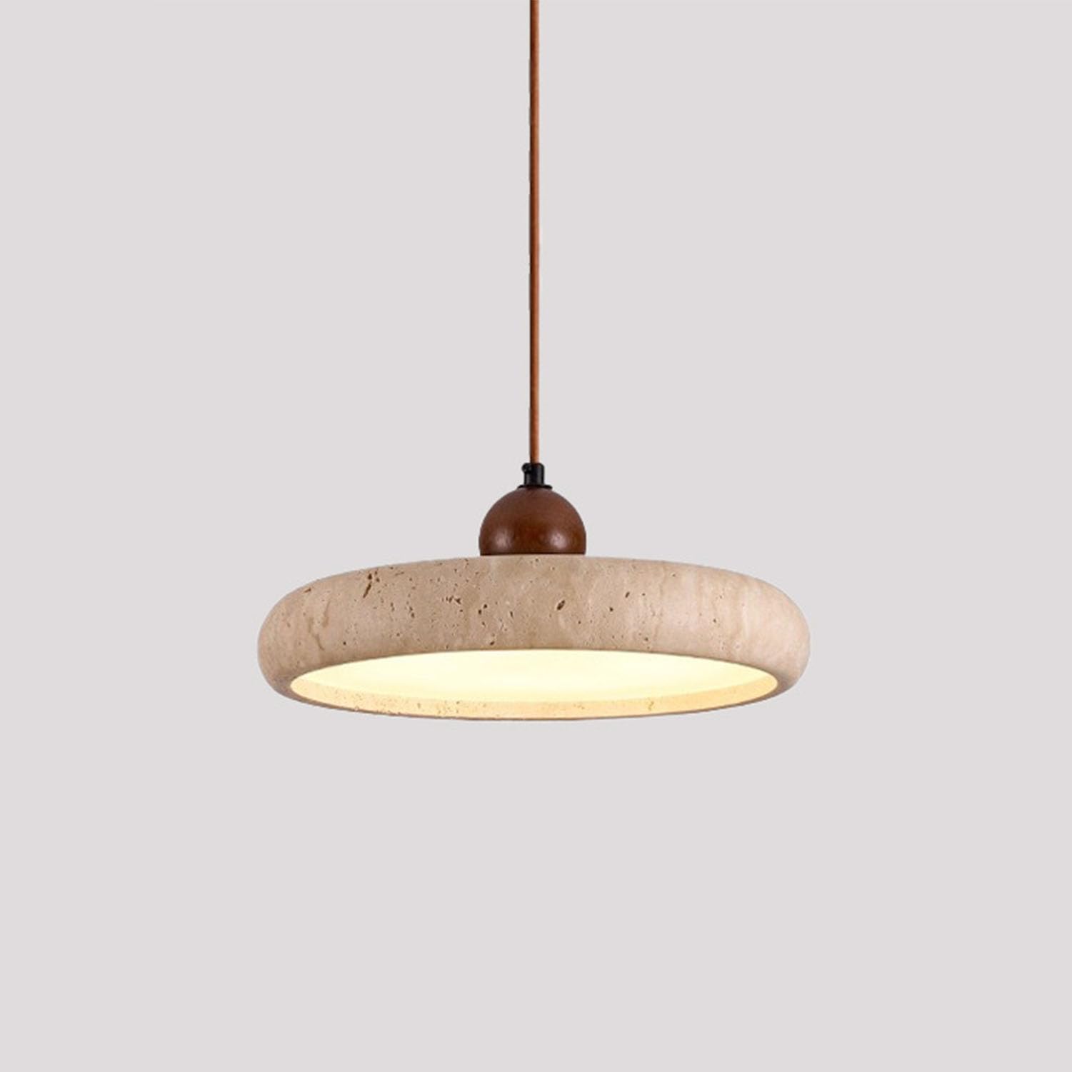 Wabi Sabi Pendelleuchte | Höhenverstellbar & Dimmbar LED mit Naturstein (Gelber Höhlenstein) & Holz | Für Schlafzimmer, Kücheninsel, Essbereich, Wohnzimmer (Walnuss, Ø30cm, Warmweiß)