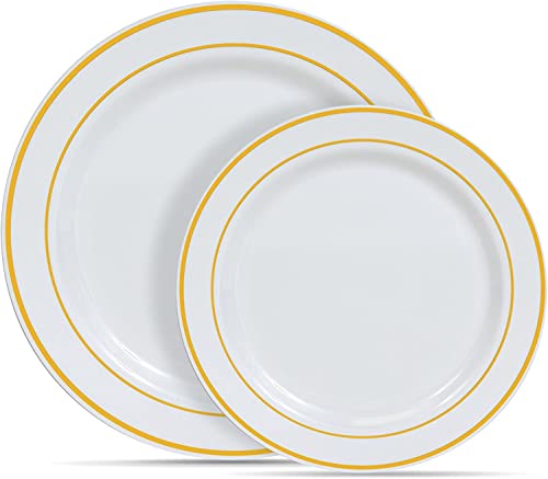 Reloger 30 Pack Plastic Party Plates White Gold Rim, 30 Premium Heavy Duty 10.25 Inch Dinner Plates And 30 Disposable 7.5 Inch Dessert Appetizer Fancy Wedding Plates #TOP2