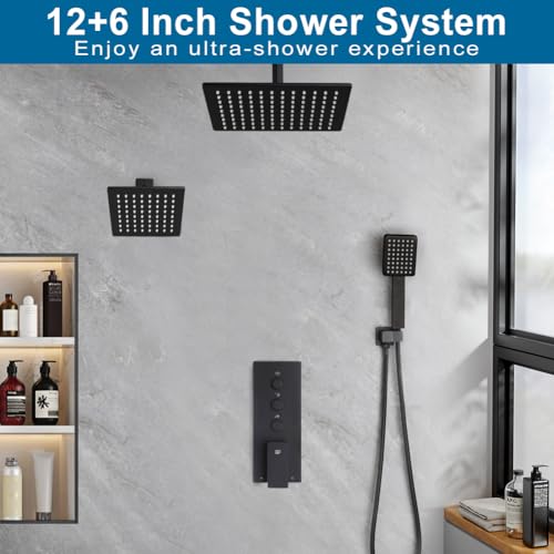 Juego de grifería para ducha en negro mate, sistema de ducha tipo lluvia para baño con cabezal de ducha de 12 pulgadas para montaje en techo y cabezal de ducha de 6 pulgadas para montaje en pared, incluye válvula y kit de acabados miniatura 2