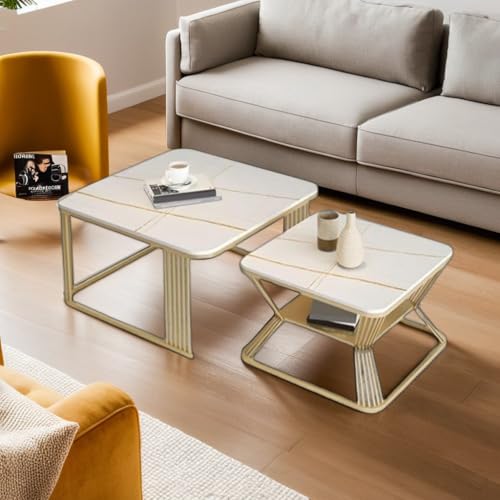 Image of Stacking Tea Tables in White and Gold with a Black Metal Frame and an Open Storage Shelf for a Modern Marble Look Coffee Table or Sofa Center Tables with Set of 2 (White Gold)