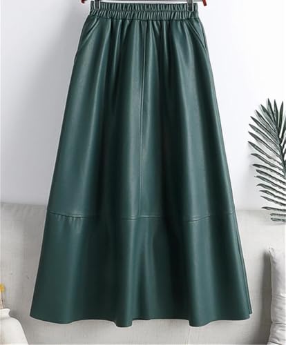 Women's Winter Faux PU Leather Midi Skirt Patchwork High Waist Elegant A-Line Umbrella Skirt with Pockets2