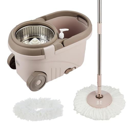 Image of Amazon Brand - Presto! Clean Steel Spin Mop | Plastic & Stainless Steel | 2 Microfiber Refills | Big Wheels with Drag Handle | 360 Spin | Telescopic Handle | Chestnut