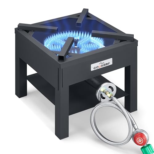 COOKAMP High Pressure Banjo 1-Burner Outdoor Propane Gas Cooker 260000 BTU with 0-30 PSI Adjustable Regulator and Steel Braided Hose For Outdoor Cooking Turkey Fry (BALCK) SA1750