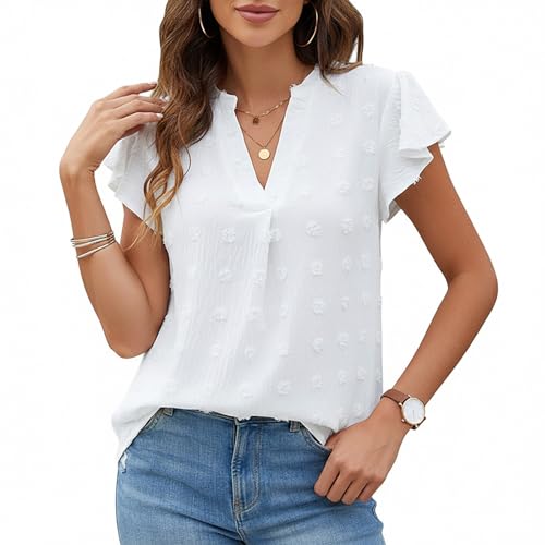viiotu Blouses for Women UK Summer Short Sleeve Ladies Shirts Chiffon Blouses V Neck Tops for Travel Party Daily Wear (UK Alpha M Regular Regular White)