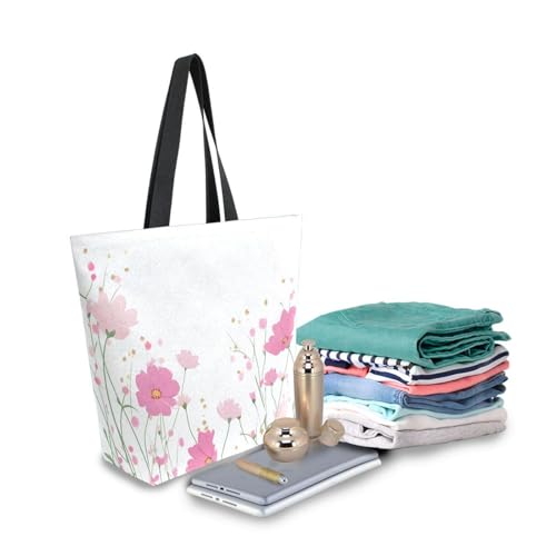 Extra Large Shoulder Tote Bag for Beach Travel Weekender Gym Watercolor Wildflowers Pink Flowers Green Plants Reusable Grocery Canvas Shopping Bag3