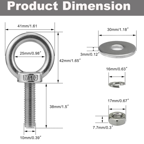 Image of M10 x 38mm Stainless Eye Bolt with Nuts 4 Pack, 3 /8 inch x 1.5 inch Long Shoulder Lifting Ring Eye Bolt for Boat & Hanging, Heavy Duty Marine Grade Threaded Eyebolts for Swing Tie Down Outdoor