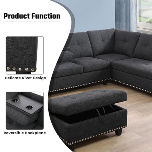 Glasflength MZX052915 L Shaped Sectional Sofa With Ottoman, Nail-Head Design Linen Right Facing Modern Couches With Cup Holder For Living Room thumb #2