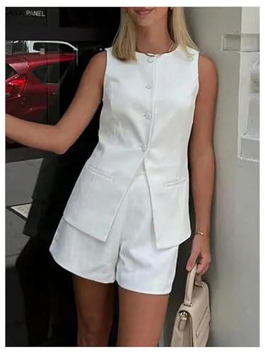 WDIRARA Women's 2 Piece Set Sleeveless Button Down Blazer Vest Shorts Set Business Work Outfits4