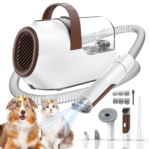 Dog Grooming Vacuum, Dog Grooming Kit with Pet Clipper Nail Grinder, 3 Suction Modes Dog Brush Vacuum with 6 Pet Grooming Tools (Coffee)