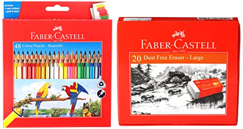 Image of Faber-Castell 48 Triangular Colour Pencils Dust-Free Erasers - Large, Pack of 20 (White)