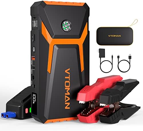 VTOMAN V8 Jump Starter, 2000A Peak for Up 8L Gas and 6L Diesel Engines, Car Battery Charger Jump Starters 12V Auto Lithium Battery Booster Pack, Portable Jump Box with Jumper Cables LCD Display Orange