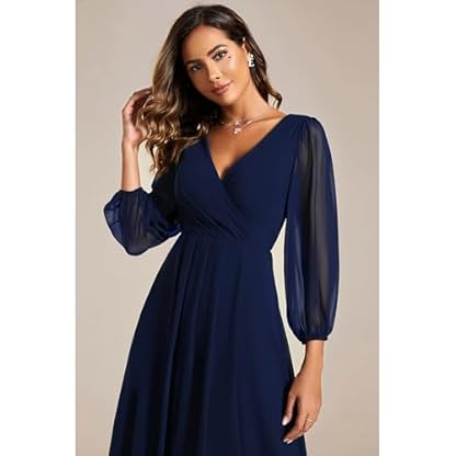Ever-Pretty Women's Chiffon V Neck Long Sleeves Pleated A-Line Midi Length Wedding Guest Dress 01926 - Image 6