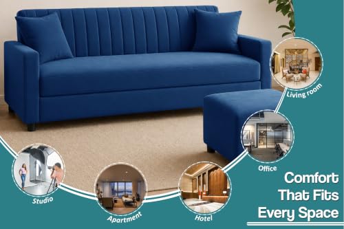 Image of 3 Seater Wooden Sofa Set with Ottoman for Living Room | Premium Velvet Fabric Wooden Frame | Modern Design | Comfortable Cushioned Sofafor Home, Office & Lounge | Blue