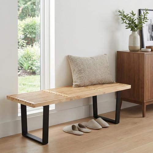 QUINJAY 55' Natural Solid Wood Bench, Modern End of Bed Bench for Bedroom Entryway Bench w/Metal Legs, Dining Bench Bedside Bench Long Ottoman Bench for Front Entryway Living Room Dining Room Kitchen