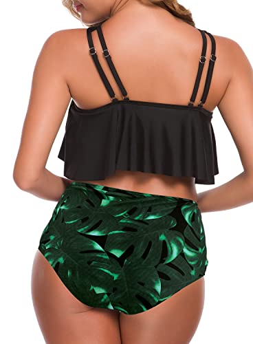 Superprity Tankini Swimsuits For Women Ruched Padded Bathing Suit - L, Black Leaf #TOP3