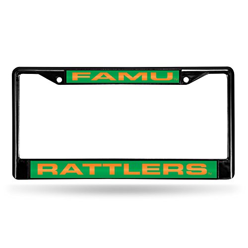 FLORIDA A&M BLACK LASER CHROME FRAME Black Laser chrome license plate frame Acrylic team inserts at top and bottom of frame Decorated in team colors Officially licensed