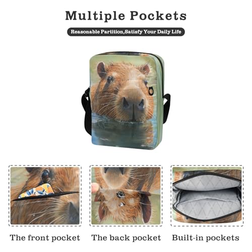 Swimming Capybara Sling Bag Zipper Closure Crossbody Messenger Bag with Card Phone Passport Compartment 6.6×9.4×2.5 inches2
