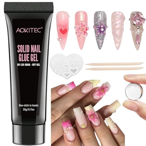 Aokitec Solid Nail Glue Gel-20g Gel Nail Glue for Nail Tips Gel x Nail Glue for Fake Nails Press on Nails Strong Adhesion for 3D Nail Art with Silicone Mold Home DIY Non-Stick to Hands, Curing Needed