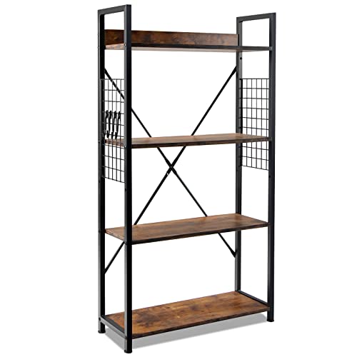 HOMASIS Estantería Industrial de Pie con 4 Niveles, Estantería de Oficina con Rejilla y Ganchos, Librería Vintage para Salón, Dormitorio, Estudio, con Patas Ajustables, 64x24x110cm, Negro y Marrón