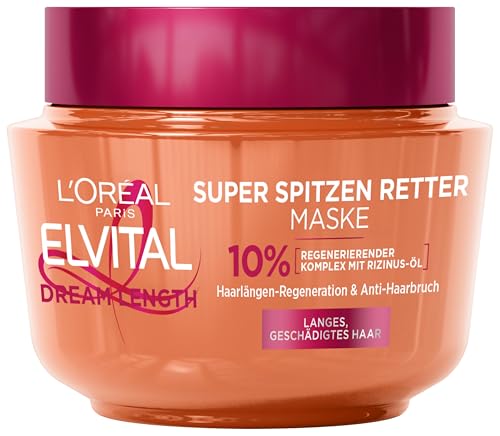 L'Oréal Paris Elvital Anti Spliss Haarmaske für langes, geschädigtes Haar, Intensive Haarkur zum Ausspülen, Mit pflanzlichen Vitaminen und Rizinus-Öl, Dream Length Super Aufbau Maske, 1 x 300 ml