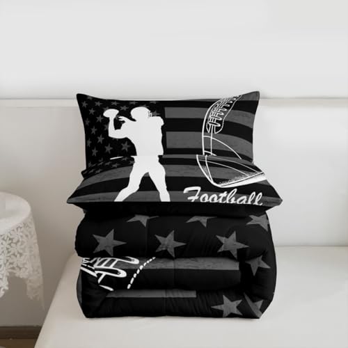 Image of Feelyou Football Player Comforter Set Full Size American Flag Bedding Set for Kids Boys Girls Rugby Gaming Sports Duvet Quilt Bedroom Decor Microfiber 3 Pcs with 2 Pillow Cases