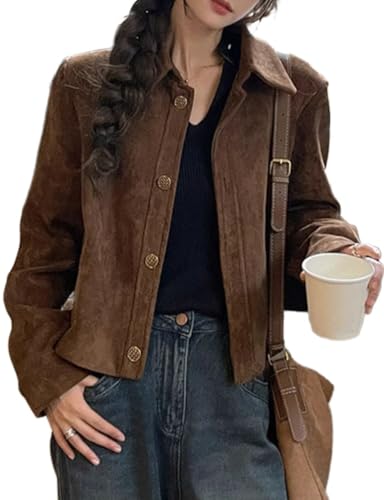 IDEALSANXUN Cropped Suede Jacket Women Fall Winter Casual Vintage Leather Aviator Jackets Outerwear